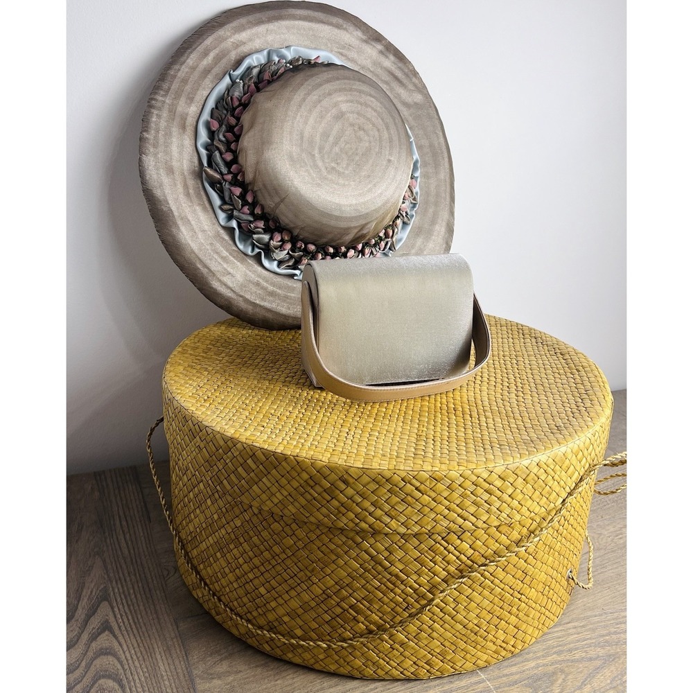 Vintage Ladies Hat Box Set Hat & Matching Purse Woven Basket Storage Floral Hat